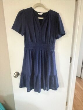 Navy Blue Short Sleeve Smocked Waist Dress